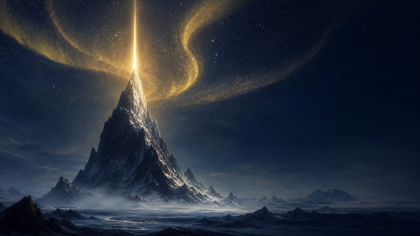 Pico de uma montanha iluminado por um feixe de luz dourada, sob um céu estrelado